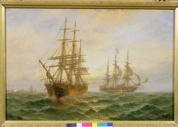 Twee Schepen die bij Zonsondergang Voorbijvaren